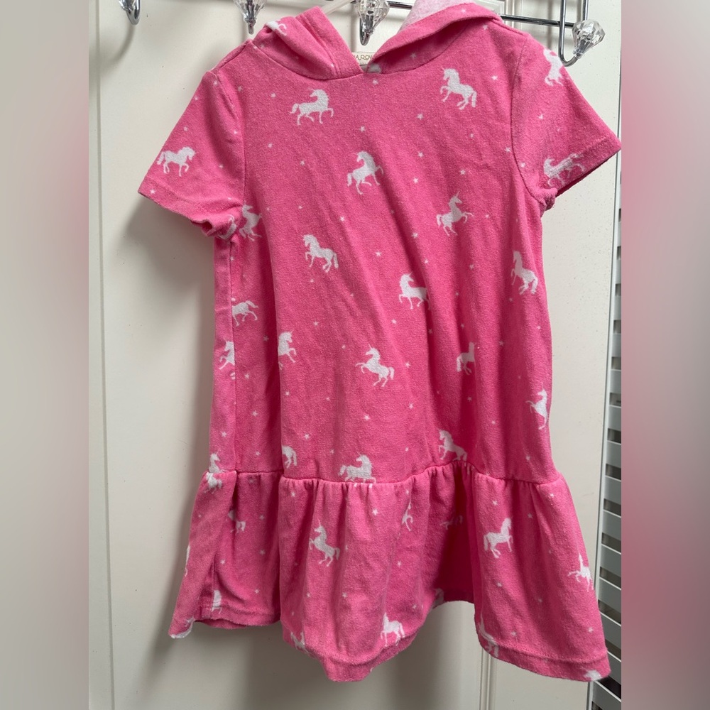 Toddler Girls SZ 4 Pink Unicorn Print Terry Swimsuit Coverup Dress with Hood